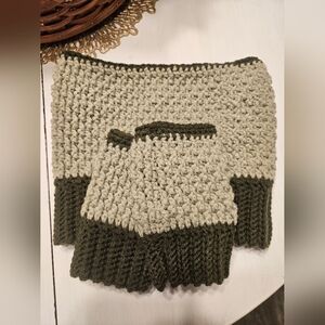 Handmade Crocheted Ribbed Brim Cat Ear Beanie and Fingerless Gloves Set.